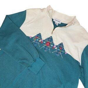 Vintage Alfred Dunner Sweater Women’s L Floral Grandma Collar Quarter Zip Comfy